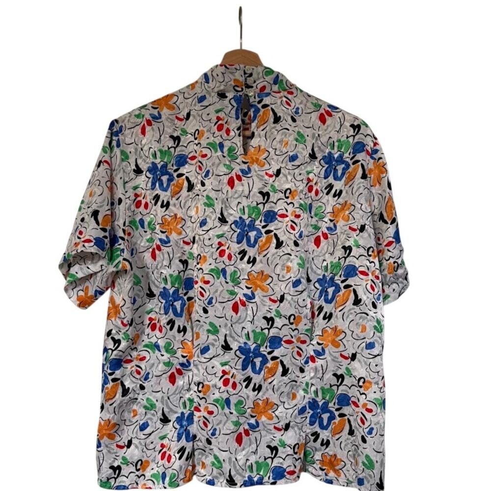 Vintage 80s Bethany Floral Mock Neck Blouse Power Dressing Abstract Print